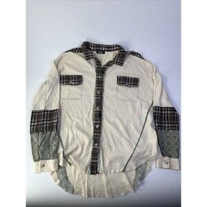 Miss Me Plaid Pieced Button Up Shirt Women’s Small Ivory Rayon Blend S